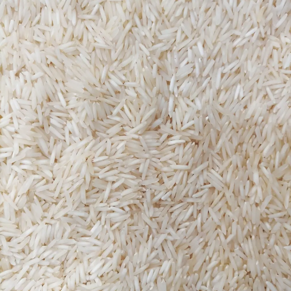 Macro close-up of long-grain milled Basmati rice