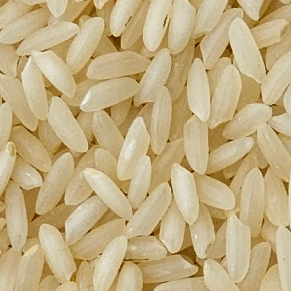 Macro close-up of golden parboiled rice grains